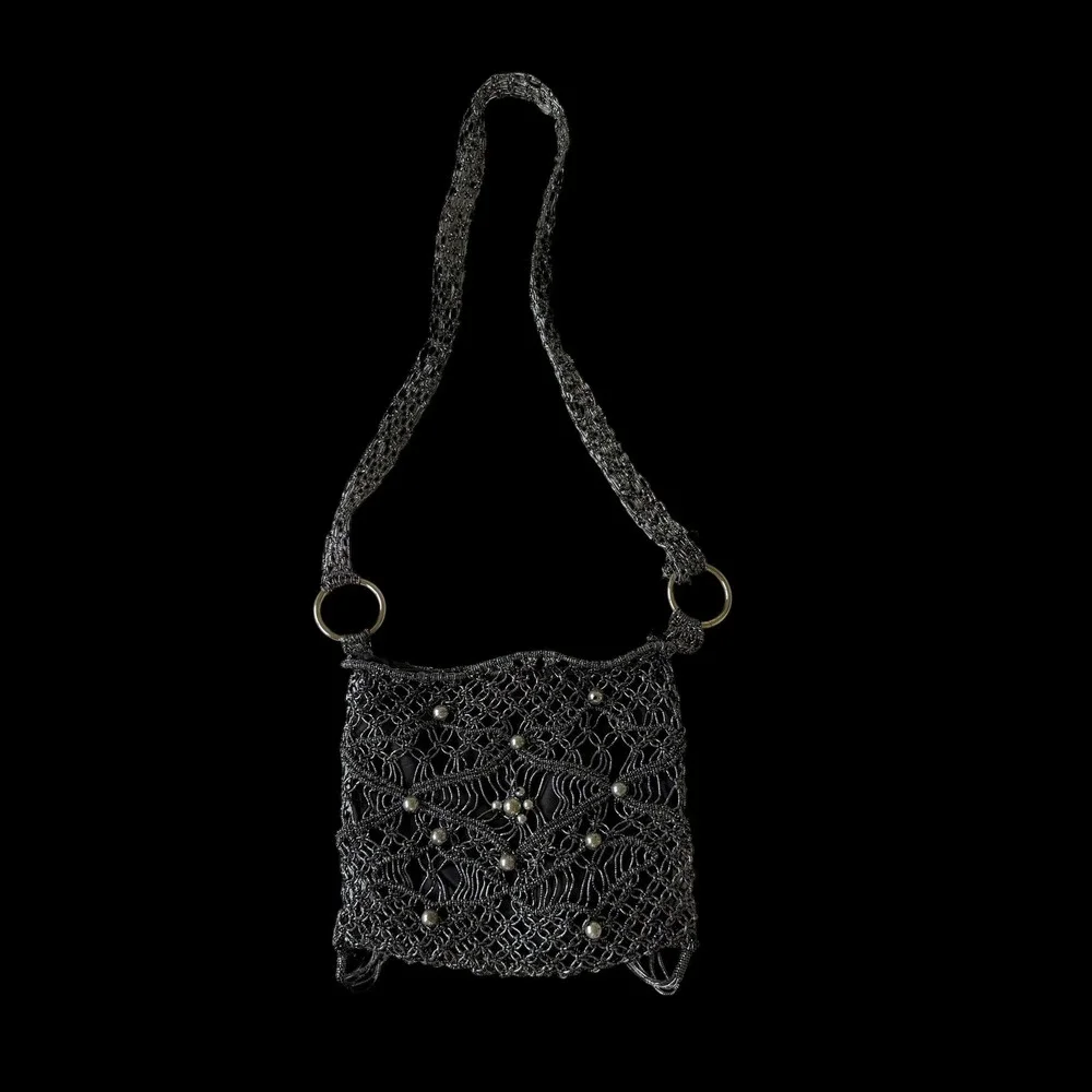 Y2K Gunmetal Metallic Crochet Mesh Crossbody Bag Fringe‎ Tassels Broken Ring
